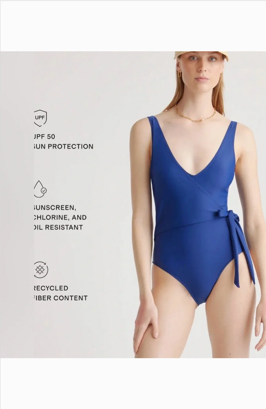 Quince Women’s Italian Wrap One-Piece Swimsuit Blue V Neck sz 4 NWT